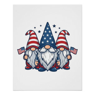 Póster Trio de Gnome Patriótico Design Vetorial Vintage_1