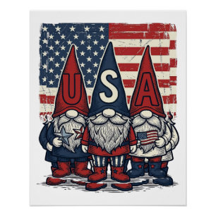 Póster Trio de Gnome Patriótico EUA Design Vetorial Vinta