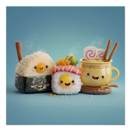 Póster Trio de Sushi Azul Kawaii