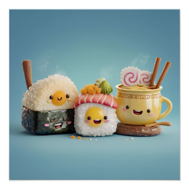 Póster Trio de Sushi Azul Kawaii (Frente)