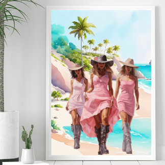 Poster Trio Rosa Costeira, Cowgirl, na Ilha Tropical