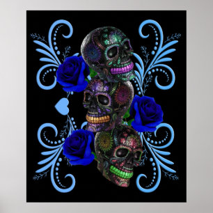 Poster Triplo Dia Negro Dos Rosas Azuis Dos Crânios Mort