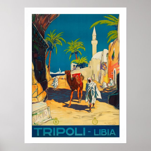 Poster Trípoli, Líbia, badoun com camelo, vintage, viagem (Frente)