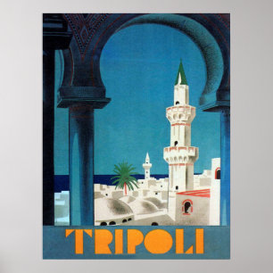 Poster Tripoli, Líbia, vista sobre mesquita, viagens vint