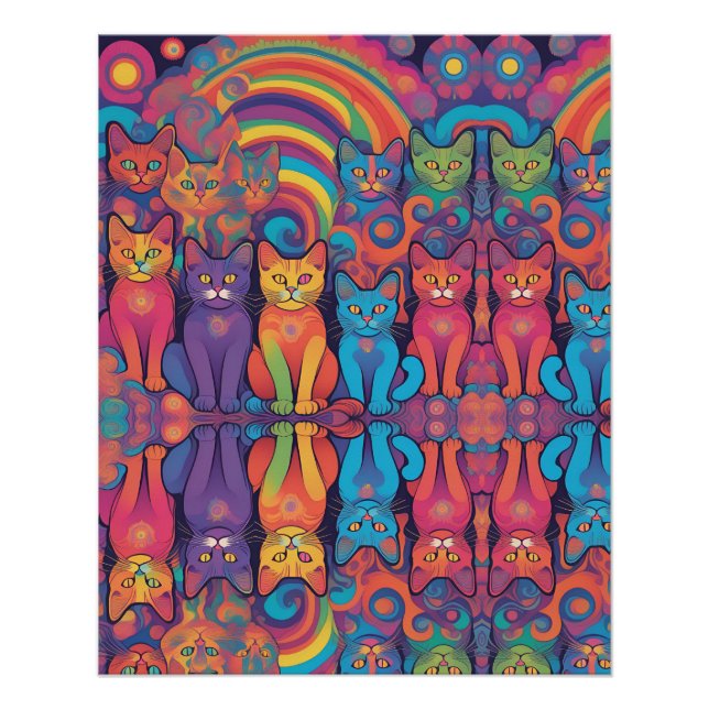 Póster Trippy Hippy Cats Vivid Color Psychedelic (Frente)
