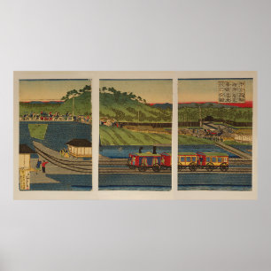 Poster Triptych de Ukiyo-e: Trem do vapor no litoral de