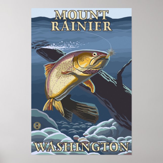 Póster Troço De Pesca De Trutas - Monte Rainier, (Frente)