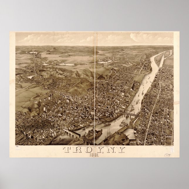 Poster Troia 1881, NY Birds Olham Ver Mapa Panorâmico (Frente)