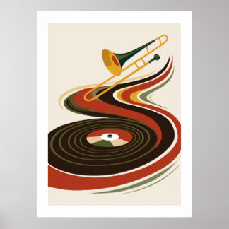 Poster Trombone de Jazz Vintage de Outono & Disco de Vini