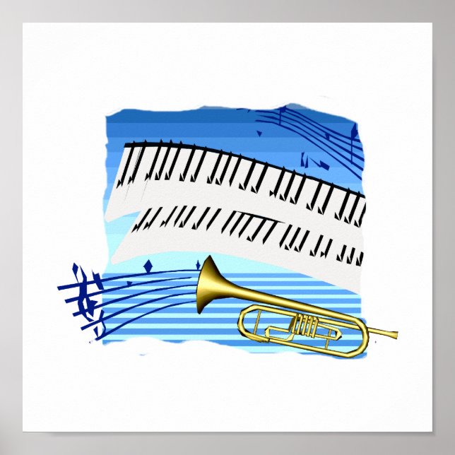 Póster Trompete e teclado, música temática azul (Frente)