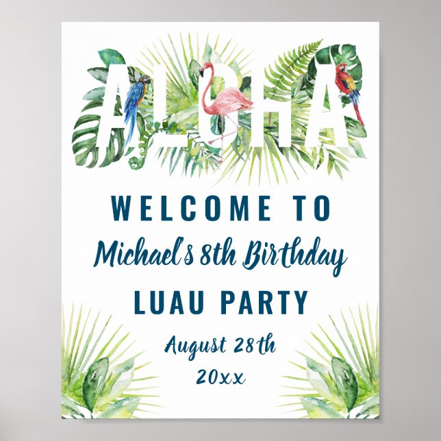 Poster Tropical Aloha Flamingo Luau Birthday Bem-vindo (Frente)