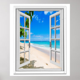 Póster Tropical Beach Ocean View Faux Window
