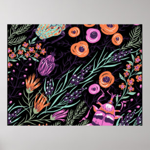 Poster Tropical Botanical and Bugs Colorful Abstract Art