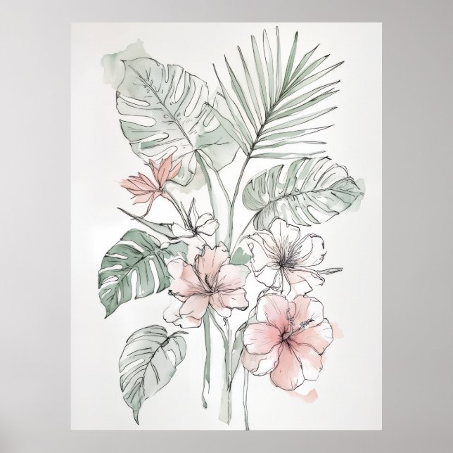 Poster Tropical Botanical Line Art Wall Print (Frente)