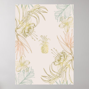 Poster Tropical Botânico Floral Abacaxi Dourado Rosado