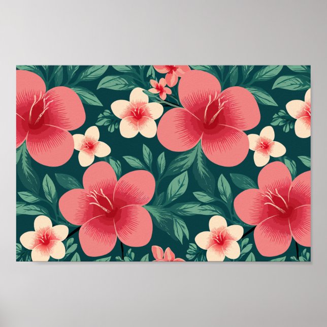 Poster Tropical com Red e Cream Hibiscus (Frente)