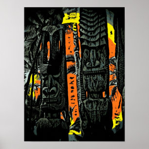 Poster tropical do nascer do sol de duas estátuas