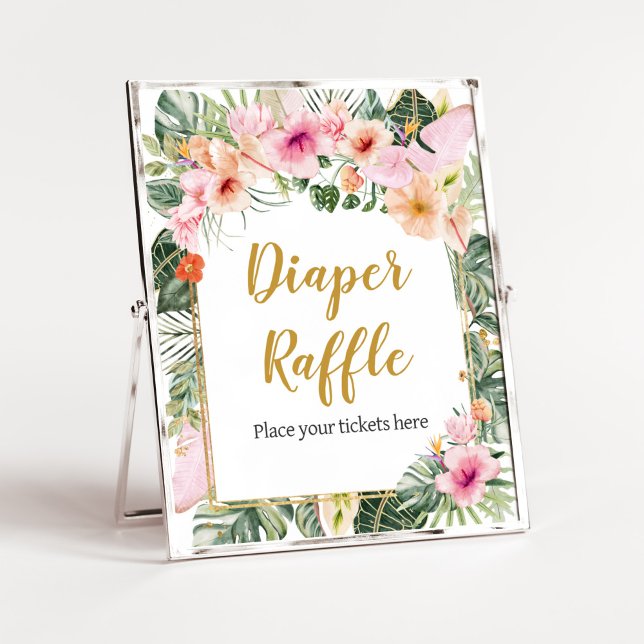 Poster Tropical Floral Aloha Fralda Raffle (Girl Hawaiian Baby Shower Diaper Raffle Sign)
