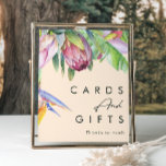 Poster Tropical Floral Colorida | Cartões de pêssego e pr<br><div class="desc">Esta floral tropical colorida | cartão de pêssego e sinal de presentes é perfeito para o seu casamento de pêssego, verde, roxo e de destino moderno. Design apresenta um buquê elegante de verde-aquarela de praia clássico e flores, incluindo eucalipto verde-sábio, mauve e proteína vermelha, hibisco rosa-pincel, pássaro-laranja e azul do...</div>