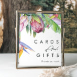 Poster Tropical Floral Colorida | Cartões e Presentes<br><div class="desc">Esta floral tropical colorida | cartões e sinal de presentes é perfeito para o seu casamento de animais verdes, roxos, de pêssego. Design apresenta um buquê elegante de verde-aquarela de praia clássico e flores, incluindo eucalipto verde-sábio, mauve e proteína vermelha, hibisco rosa-pincel, pássaro-laranja e azul do paraíso e folha de...</div>