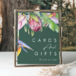 Poster Tropical Floral Colorida | Cartões verdes e presen<br><div class="desc">Esta floral tropical colorida | cartões verdes e sinal de presentes é perfeito para o seu casamento de pessegueira, verde, roxo. Design apresenta um buquê elegante de verde-aquarela de praia clássico e flores, incluindo eucalipto verde-sábio, mauve e proteína vermelha, hibisco rosa-pincel, pássaro-laranja e azul do paraíso e folha de palma...</div>