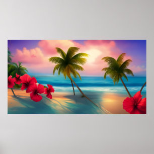 Poster Tropical hibiscus Beach moonlight ocean palms 