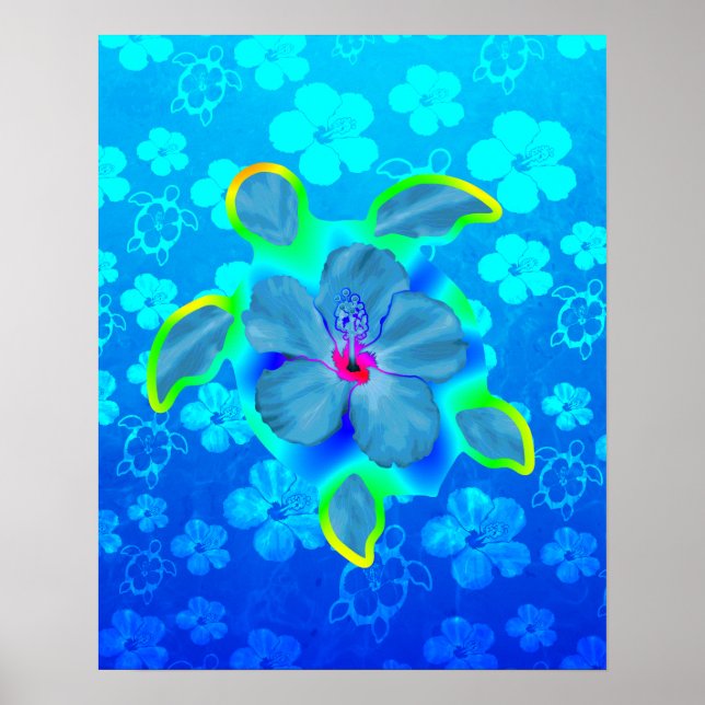 Poster Tropical Honu Turtle e Hibiscus (Frente)