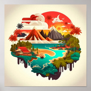 Poster Tropical island sea with volcanoes
