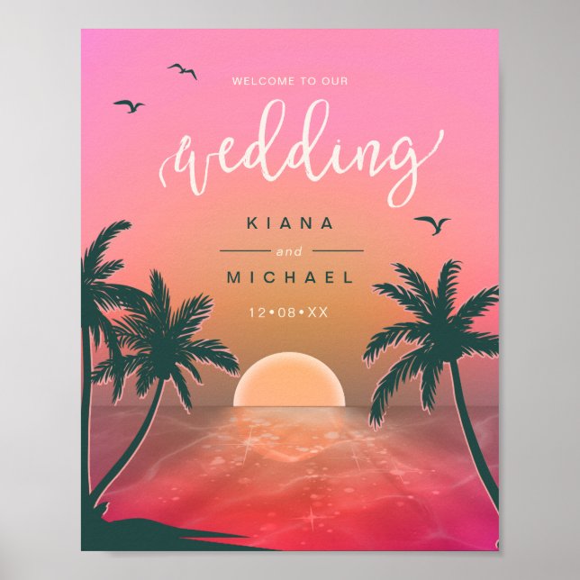 Poster Tropical Isle Sunrise Wedding Welcome Pink ID581 (Frente)