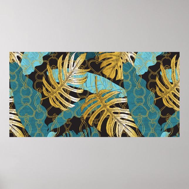 Poster Tropical leaves under a curtain of gold chains. Se (Frente)