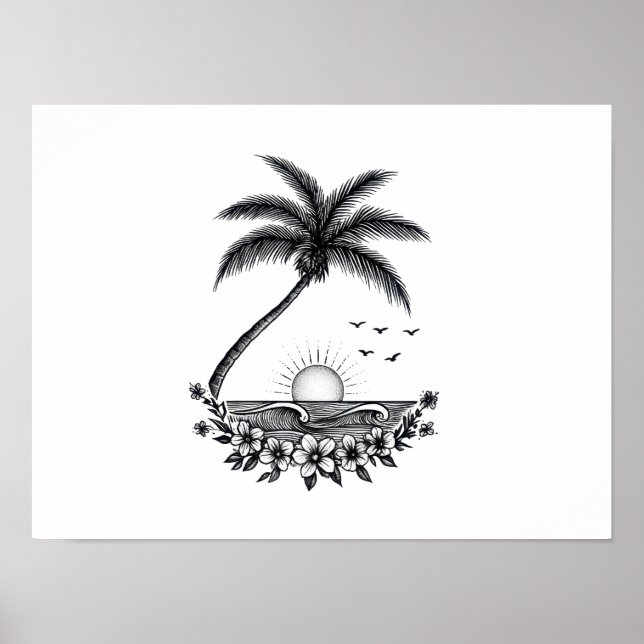 Poster Tropical Palm Sunset – Minimalist Beach Line Art  (Frente)