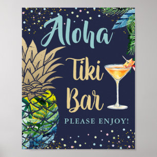 Poster Tropical Pineapple Navy Blue Hawaii Tiki Bar Sign