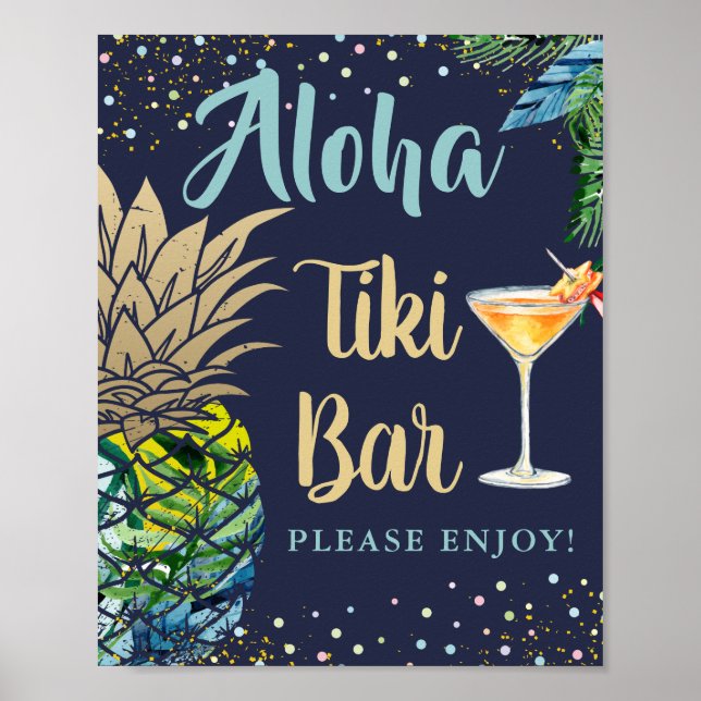 Poster Tropical Pineapple Navy Blue Hawaii Tiki Bar Sign (Frente)