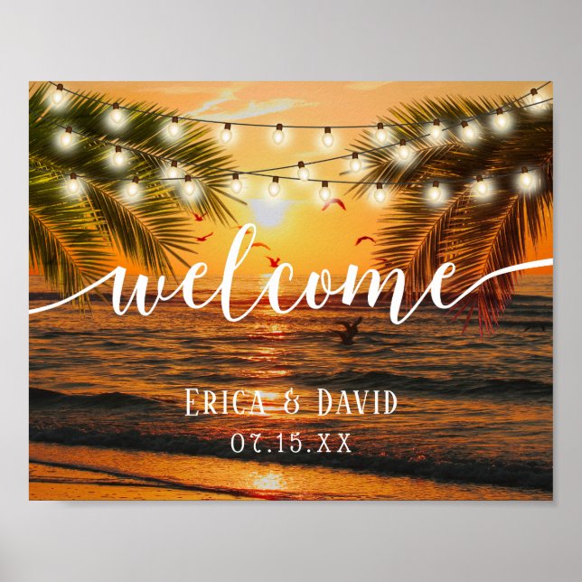 Poster Tropical Summer Sunset Palm Beach Weding Welcome (Frente)