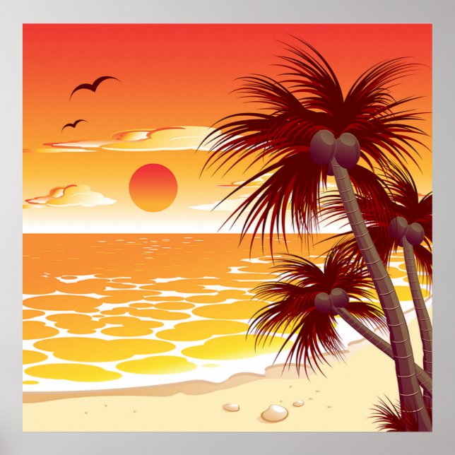 Poster Tropical Sunset Beach Palm Tree Island (Frente)