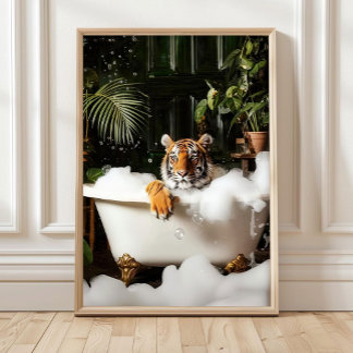 Poster Tropical Tiger in Bathtub Print - Bathroom Wall Ar