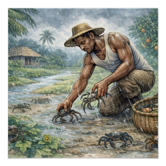 Póster Tropical Village Life: Man Catching Crabs in Rain (Frente)