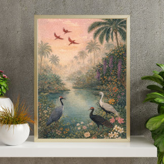 Poster tropical wetland birds | crane bird illustration
