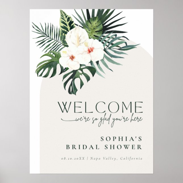 Poster Tropical White Floral Arch Bridal Shower Welcome (Frente)