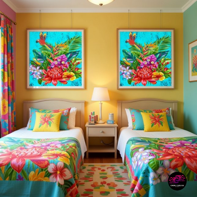 Póster TropiColor Fusion Macaw & Floral Serenade (Vibrant tropical art that brings the room to life.)