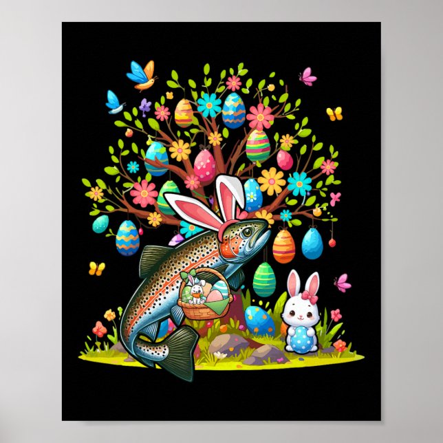 Poster Trout Peixe Bunny Ovos de Páscoa Árvore Bonito Fat (Frente)