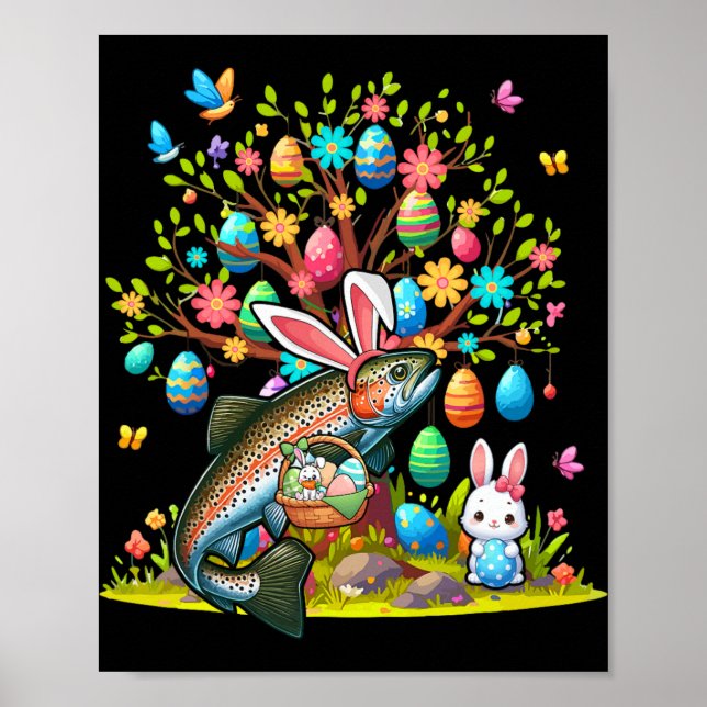 Poster Trout Peixe Bunny Ovos de Páscoa Árvore Bonito Fat (Frente)