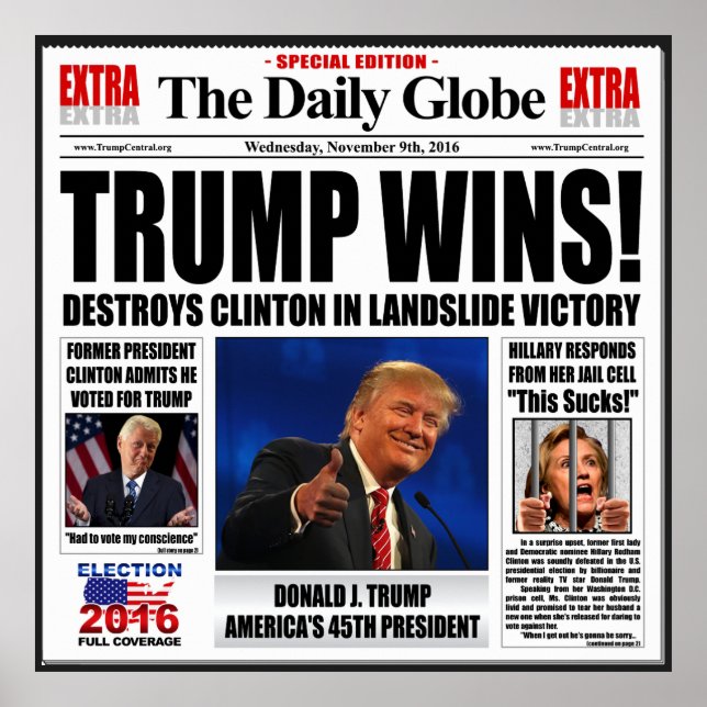 Póster Trump Vence! Cartaz Engraçado Anti Clinton Extra G (Frente)