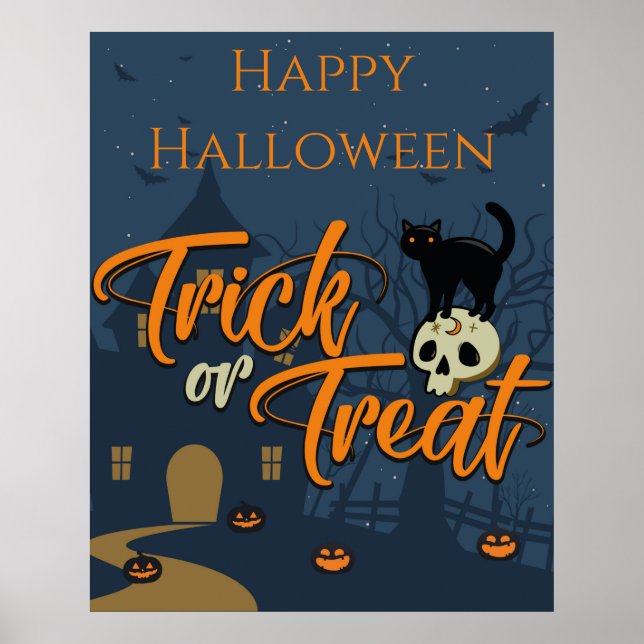Poster Truque de Halloween ou Tratar Gato Negro e Crânio (Frente)