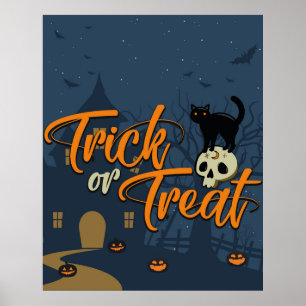 Poster Truque de Halloween ou Tratar Gato Negro e Crânio