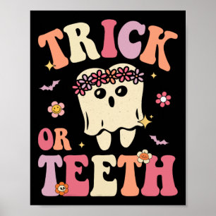 Poster Truque Ou Dentes Fantasma Groovy Dental Halloween 