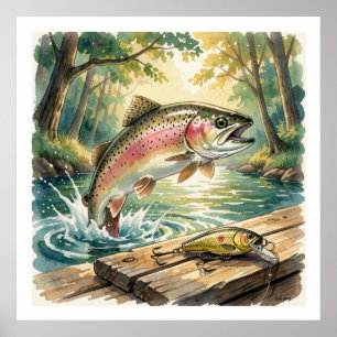 Poster Truta arco-íris saltando em riacho da floresta aqu