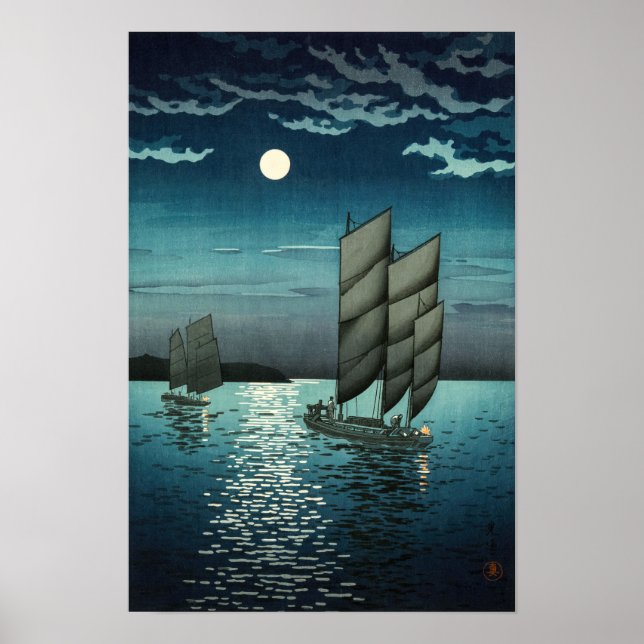 Poster Tsuchiya Koitsu - Barcos em Shinagawa, Noite (Frente)