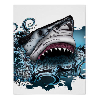 Póster Tubarão Feroz Oceano Splash Moderno Costeiro 