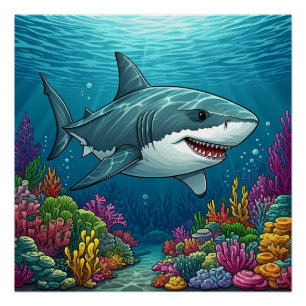 Póster Tubarão nadando nas profundezas do oceano
